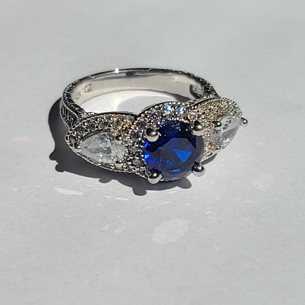 Art Deco Style Vintage Sterling Silver Ring Blue Sapphire CZ Size 6.5